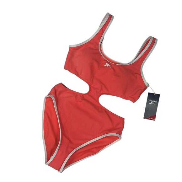 REEBOK Cutout Piping-Trim Tank One Piece Swimsuit Sz Small Neon Coral Monokini - Picture 2 of 9